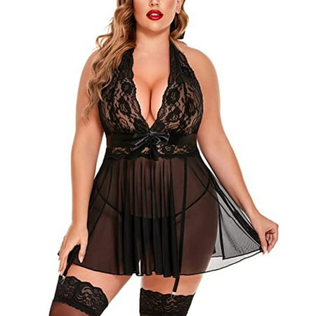 

Floleo Lingerie for Women Deals Plus Size Sexy Women Lingerie Lace Halter Chemise Nightgown Temptation Babydoll Underwear Nightdress +T-String Sleepwear Suit Valentines Day Gifts