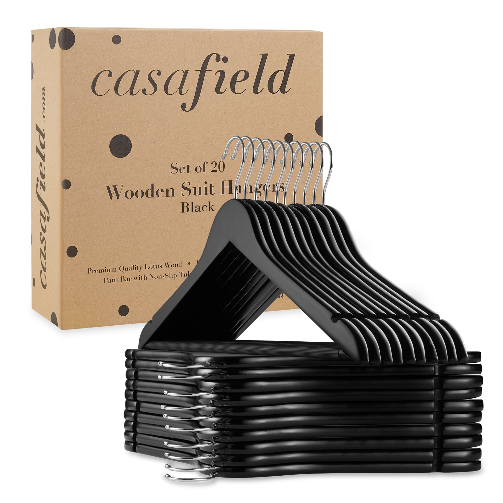 Casafield 20 Wooden Suit Hangers, Black - Non-Slip Pant Bar & Swivel Hook