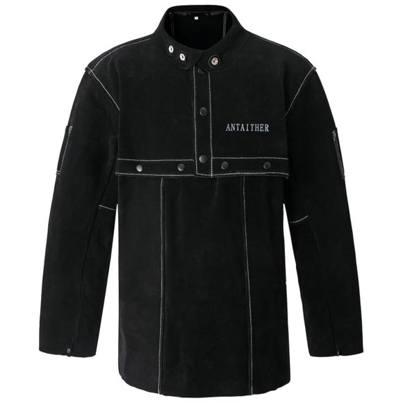 ANTAITHER Leather Welding Jacket with Open Back, Bib Apron with Cape Sleeve, Heat Flame Resistant Welder Coat (XL)
