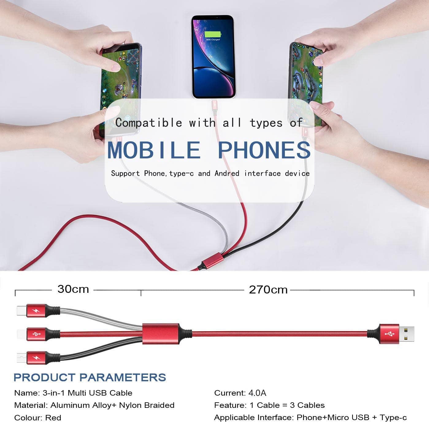 Multi Charging Cable, 10Ft 2Pack Multi Fast Charger Cable Braided Universal 3 in 1 Multi Charging Cord Long USB Cable Adapter IP/Type C/Micro USB Port for Cell Phones/iPhone/Tablets/Samsung/More
