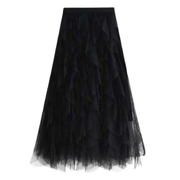 Women's High Waisted A-Line Skirt Midi Cake Style with Mesh Black One Size