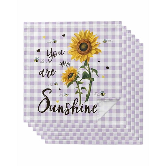 Summer Sunflowers Cloth Napkins Set of 6 Reusable Dinner Napkins, Bees Pastoral Country Purple Plaid Cocktail Napkin Washable Table Napkins for Wedding/Holiday Party/Baby Shower 20"x20"