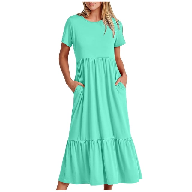 Meichang Robes d'Été pour Femmes avec Poches Manches Courtes Col Rond Robes à Volants Robe Longue Maxi pour Vacances à la Plage