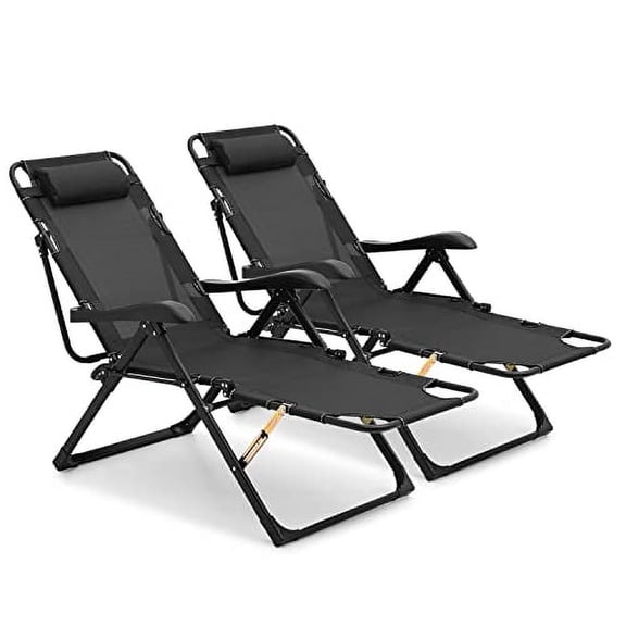 Magshion Folding Reclining Patio Chairs Adjustable Foldable Lounge with Additional Support Bar and Headrest Patio Lawn Recliner for Outdoor Pool Camp Yard, 300lbs (Black, Set of 2)