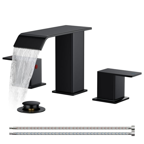 FORIOUS Matte Black Waterfall Bathroom Faucets 3 Hole, 8 Inch Widespread 2 Handles Bathroom Sink Faucet with Pop-up Drain and Flexible Hot and Cold Water Hoses, Suit