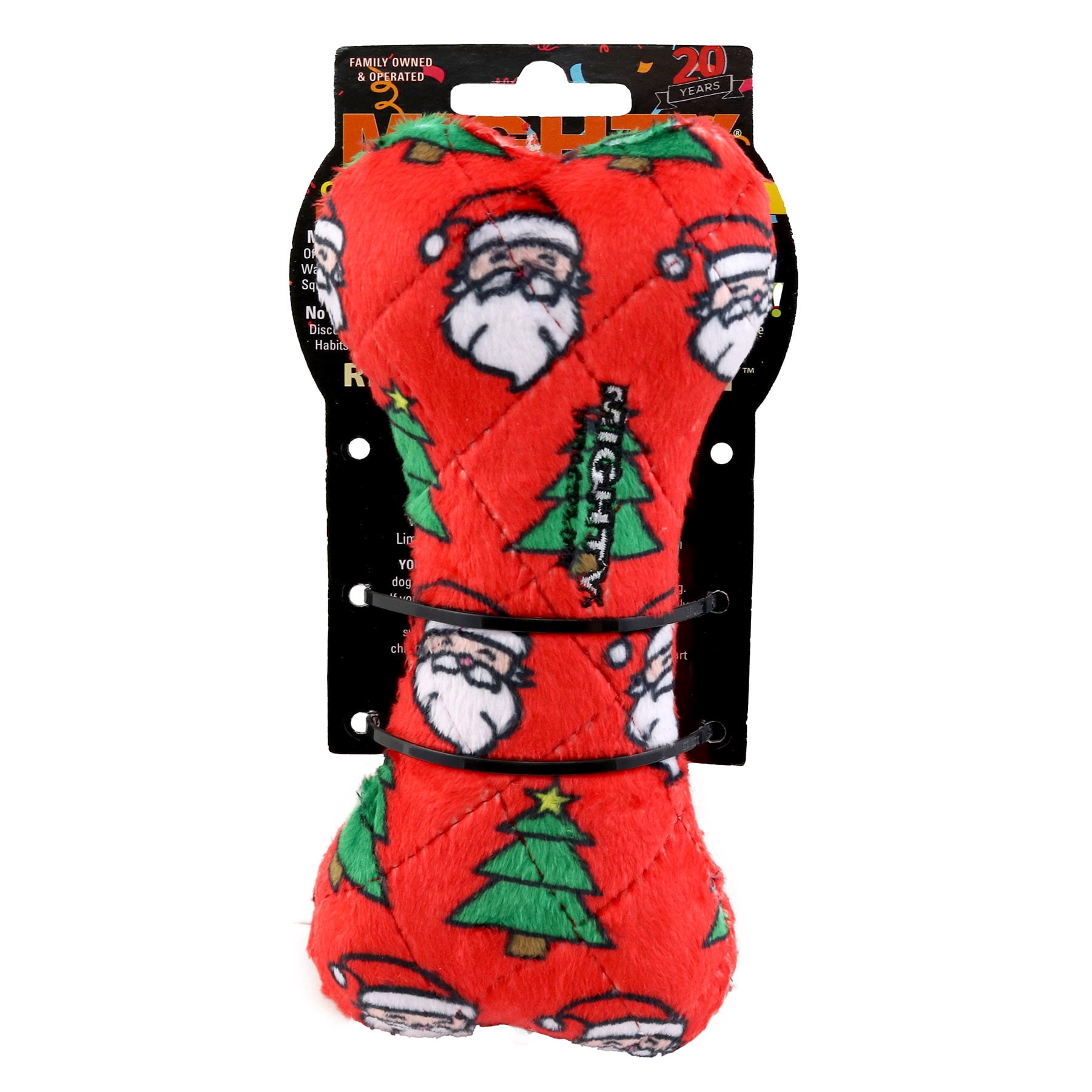 Mighty Medium Bone Christmas Durable Squeaky Fleece No Stuff Dog Toy, 2 Pack