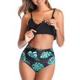 thumbnail image 4 of Women High Waisted Bikini Ruffle Swimsuit Flounce Pom Pom Trim Two Piece Bathing Suit Black Leaves (L, 4 of 6
