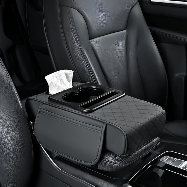 5-in-1 Multifunctional PU Leather Car Armrest Box Mat, Center Console Organizer with Cup Holder, Phone & Tissue Slots, Waterproof Elastic Pad for Most Vehicles
