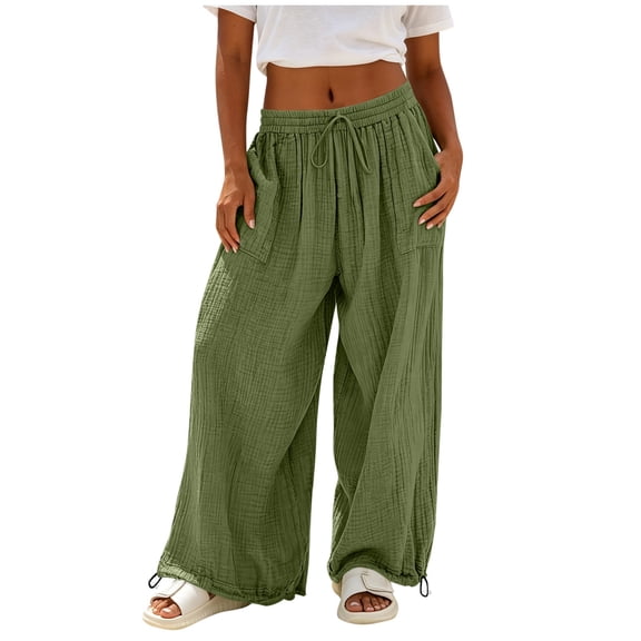 Gytharion Women Solid Color Cotton Linen Wide-leg Pants Elastic Waist Adjustable Cuff Trousers Casual Fashion Pants with Pockets