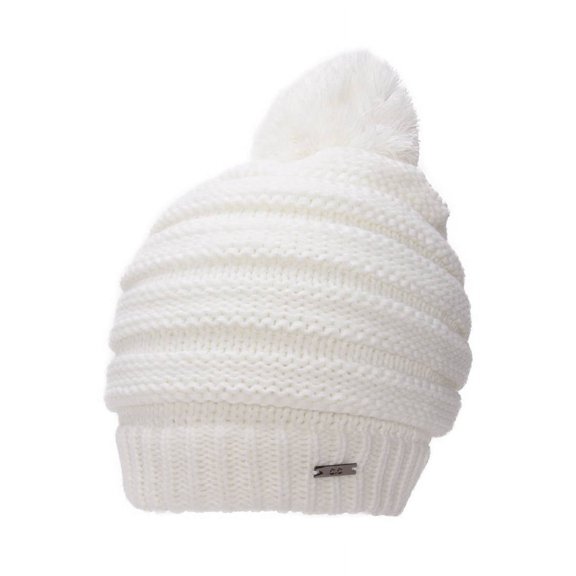 Thick Knitted Beanie w/ Pom - White