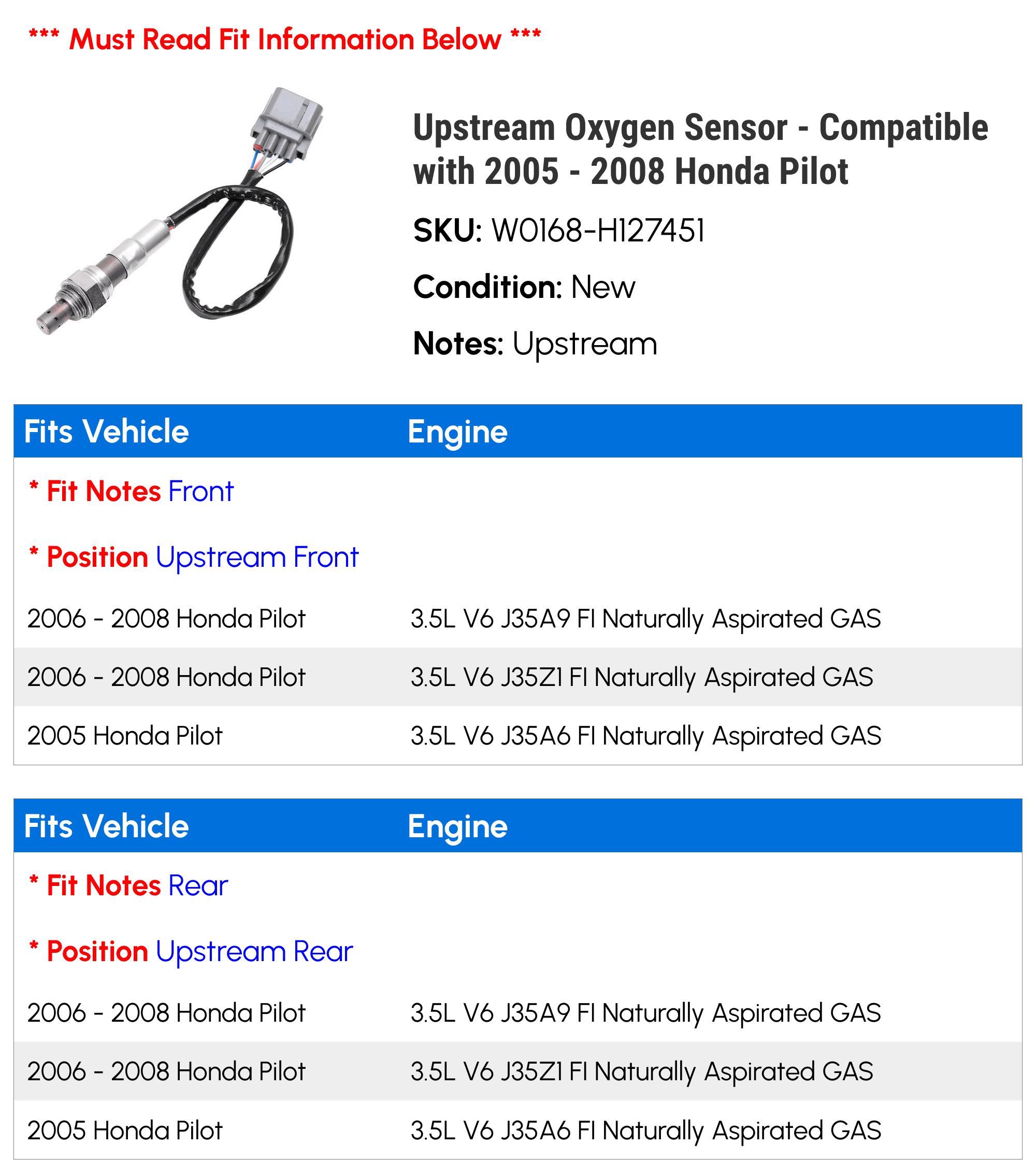 Upstream Oxygen Sensor - Compatible with 2005 - 2008 Honda Pilot 2006 2007