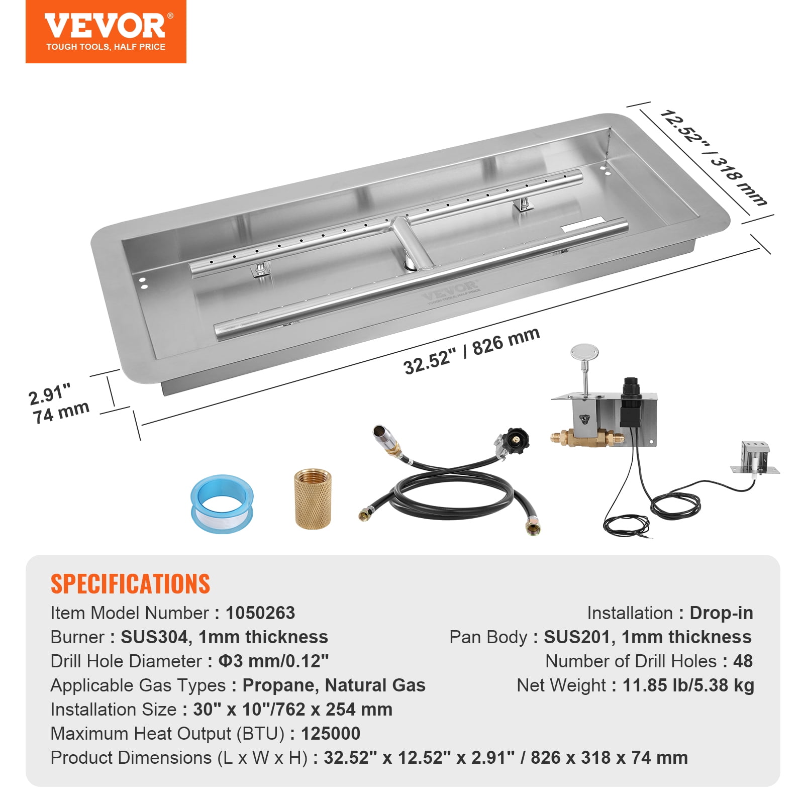 VEVOR 30x10 inch Drop-in Fire Pit Pan Fire Pit H-shape Burner Kit 125,000 BTU