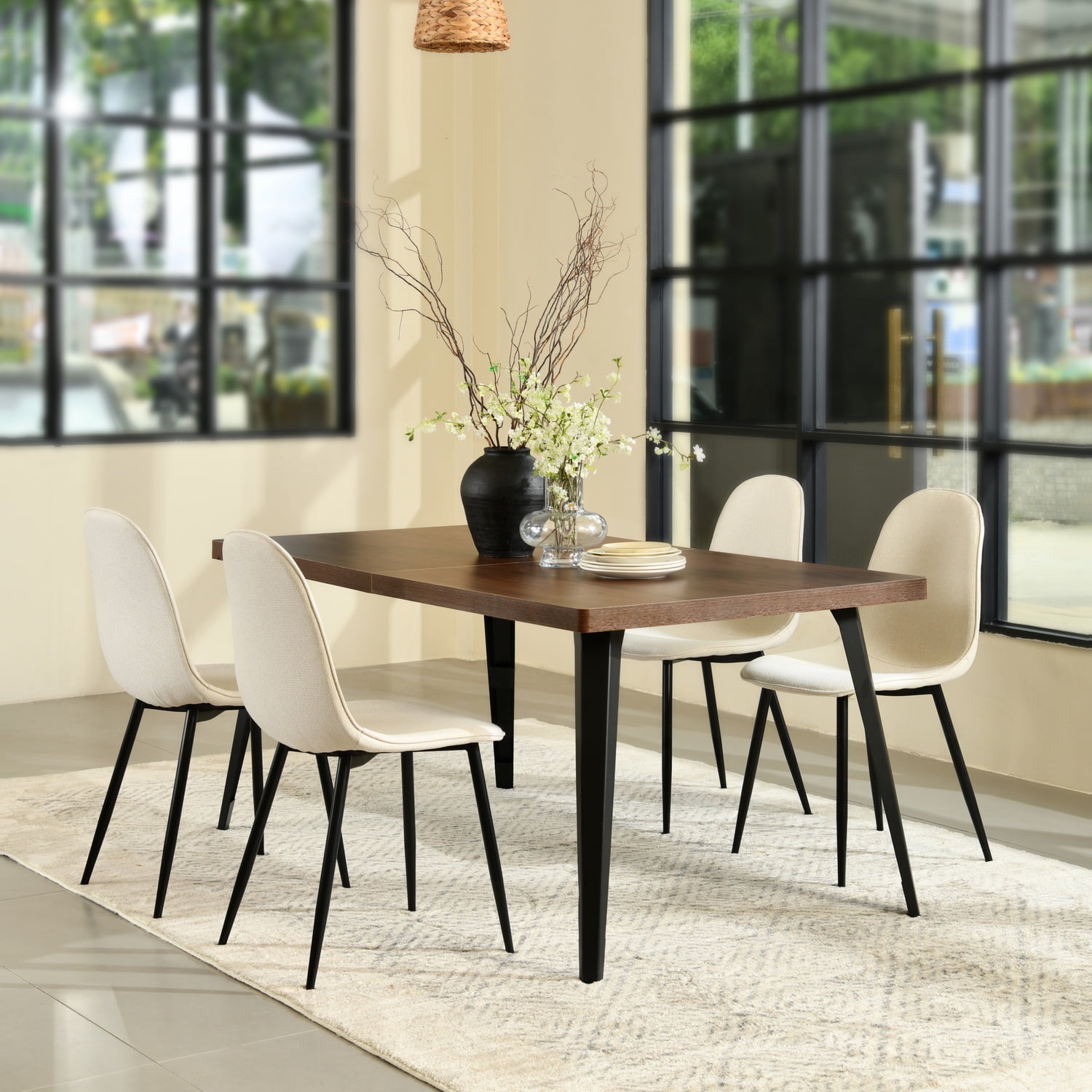 Homy Casa 63 inch Dining Set for 4, Faux Walnut Table with Fabric Upholstered Chairs, Beige Fabric