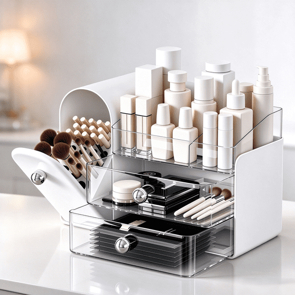 Makeup Organizer,Vanity Organizer with Makeup Brush Holder,Large Skincare Organizers with Drawers,Bathroom Countertop Organizer,Storage Lipstick,Perfume,Nail Polish,Beauty,Gifts for Woman
