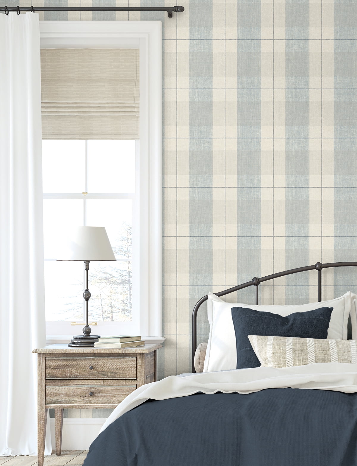 NextWall Blue & Beige Lenox Hill Plaid Peel and Stick Wallpaper - 20.5 in. W. x 18 ft. L. Roll