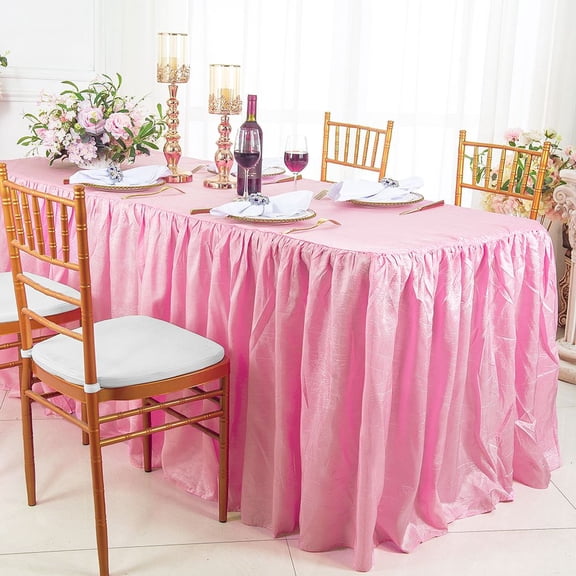 Wedding Linens Inc. 6' ft (30"x72") Rectangular Ruffled Fitted Crushed Crinkle Taffeta Tablecloth With Skirt for Party, wedding, events, décor - Pink