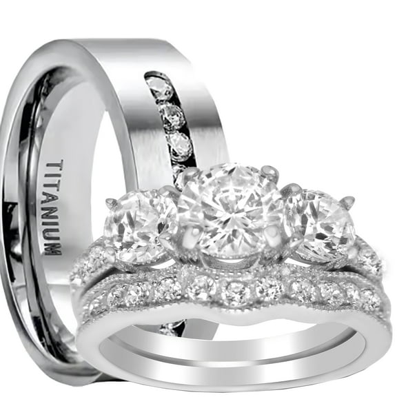 LaRaso & Co His Her Wedding Ring Set Sterling Silver Titantium CZ Engagement Wedding Set Him Her 5/9