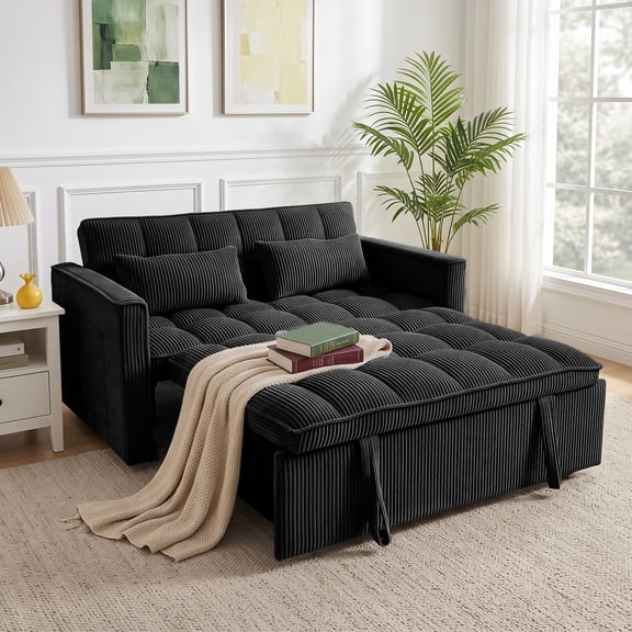 AISWORD Sleeper Sofa Bed, 3-in-1 Convertible Pull Out Couch with Adjustable Backrest for Living Room, Loveseat Sofa Bed with Side Pockets, Black