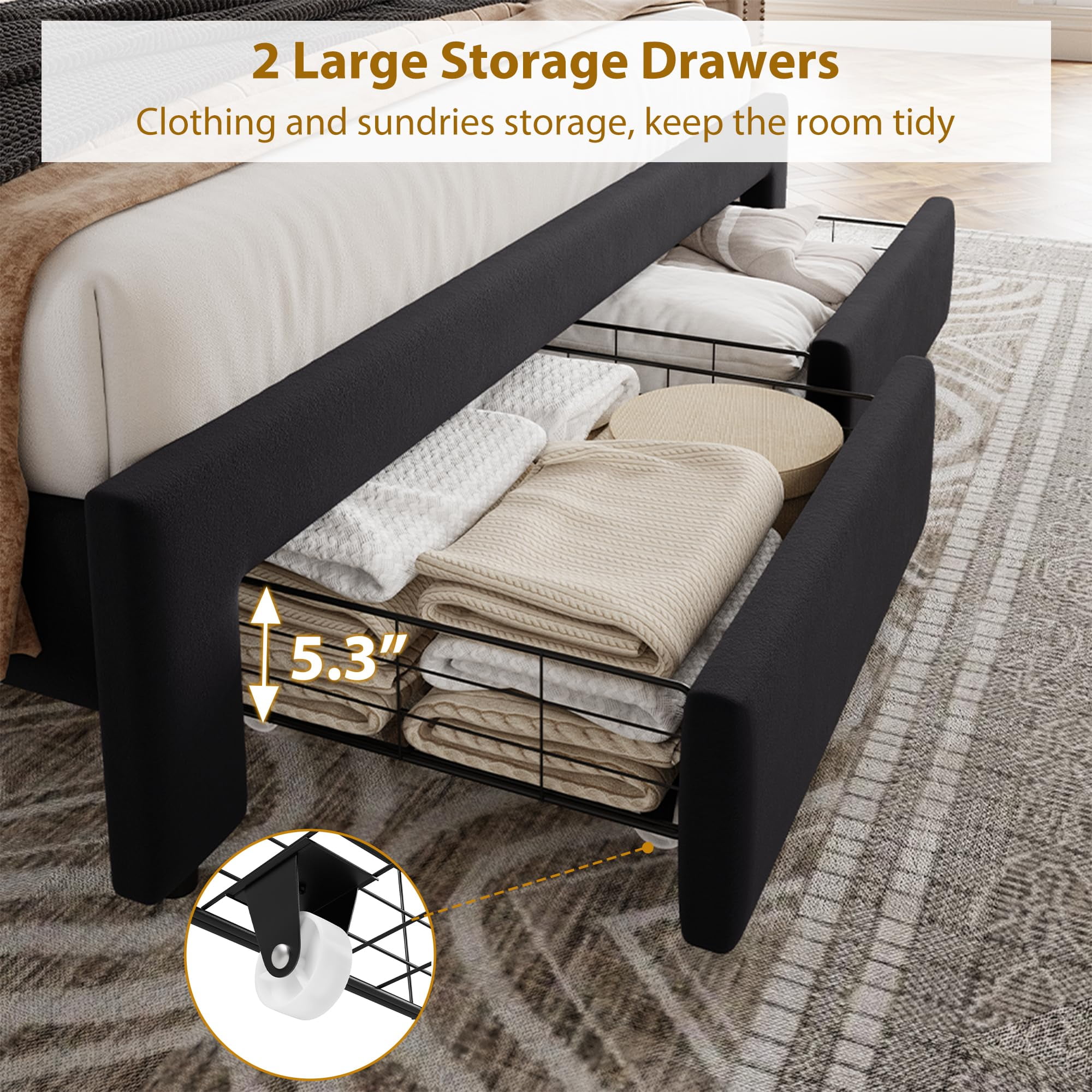 COZONY Vintage Velvet Upholstered Bed Frame - King Size with Tall Tufted, Adjustable-Height Headboard, 2 Storage Drawers, No Box Spring Required