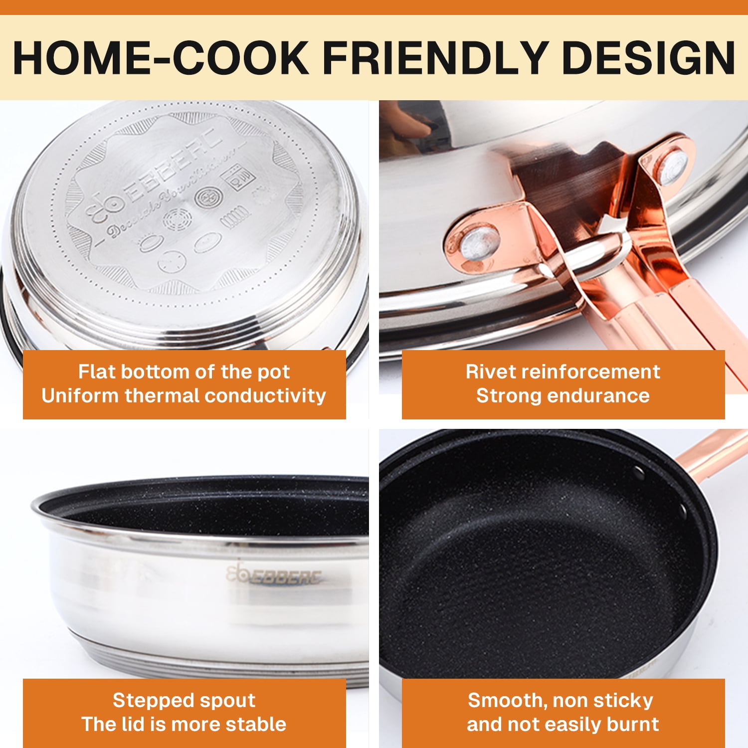 Behome 12Pcs Stainless Steel Cookware Set, Pots and Pans Set with Ergonomic Handles, Compatible with Induction, Electric, Gas Cooktops, Dishwasher Safe