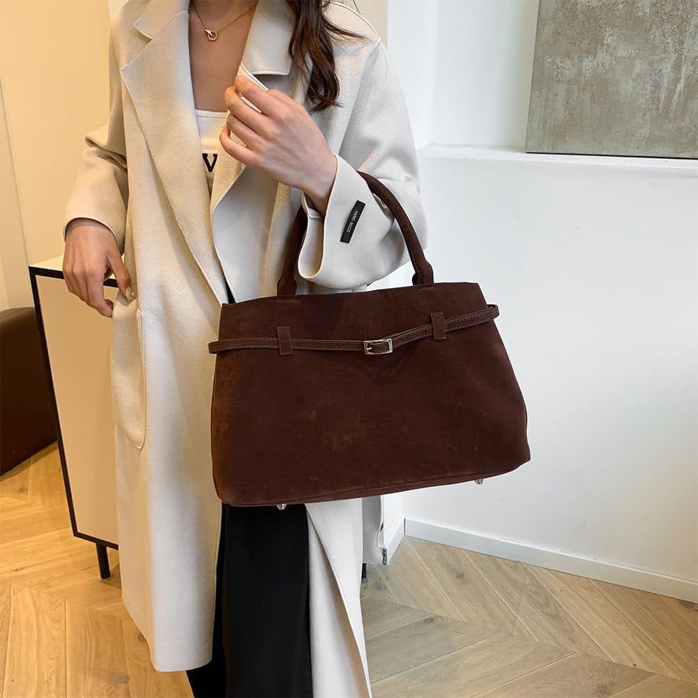 Suede Tote Bag for Women Slouchy Work Tote Bag Faux Suede Top Handle Bag Retro Brown Suede Handbag Purse