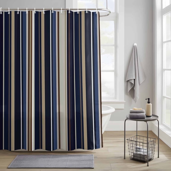 Blue Brown Fabric Shower Curtain for Bathroom Waterproof Polyester Bath Curtain with 12 Hooks Stripes Washable Shower Curtain with Grommets 36"x78"