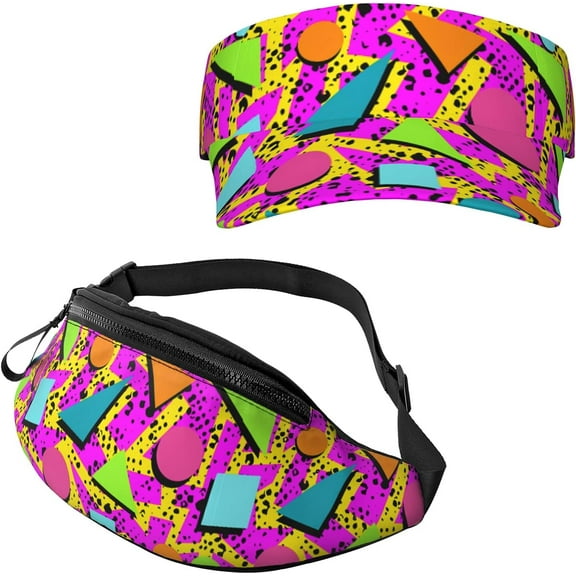 2 Pcs 80s 90s Fanny Pack 80s Outfit Sun Visor Hat Set Waist Bag 90s Baseball Hat for Men Women Summer Travel Party Vintage 80s Memphis