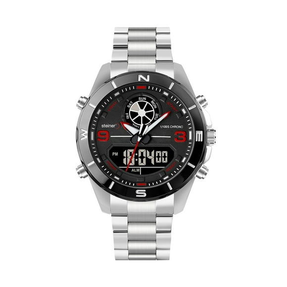 Reloj De Hombre Steiner Análogo Y Digital Luz Led Extensible de Acero Inoxidable 45 mm Rojo