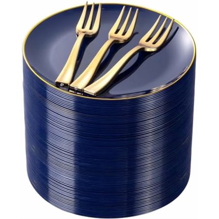 200Pcs Navy Blue Gold Dessert Plates 6.3" with Plastic Forks 5"- Small Disposable Plates- Dessert/Cake/Appetizer Plastic Plates include 100Plates 100Forks for Christmas Party & Hanukkah