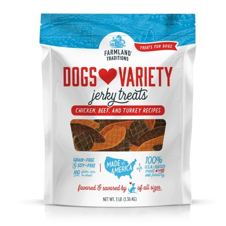 USA Made 3 lbs. Dogs Loves Variety Jerky Treats, Variety bag of 100% USA chicken, beef, and turkey jerky treats By Farmland (Best Beef Jerky For Sale)