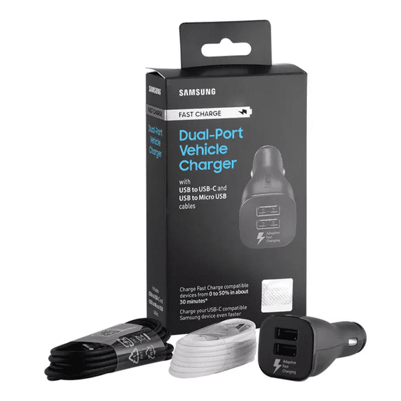 OEM Samsung Fast Dual-Port Car Charger, Micro USB & Type C, Black