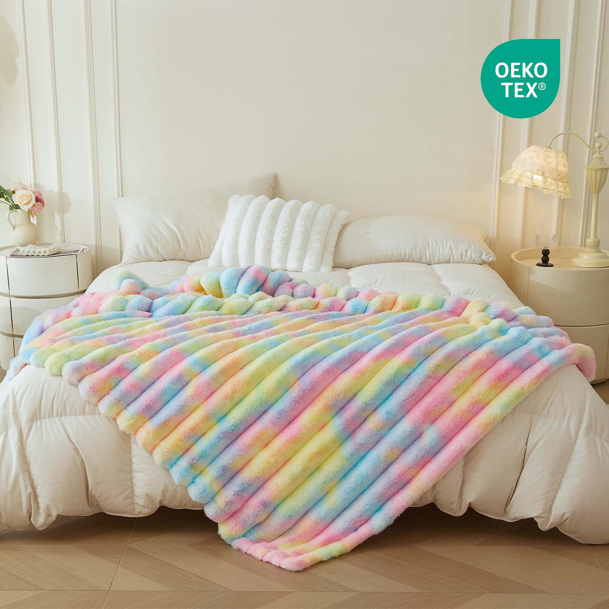XeGe Fluffy Faux Rabbit Fur Throw, Cozy Ribbed Stripe Plush Fuzzy Blanket for Bed Couch Sofa Chair, Cute Tie Dye Shaggy Throw Bedroom Living Room, Furry Blanket for Kids Girls Teens, 50x60, Rainbow