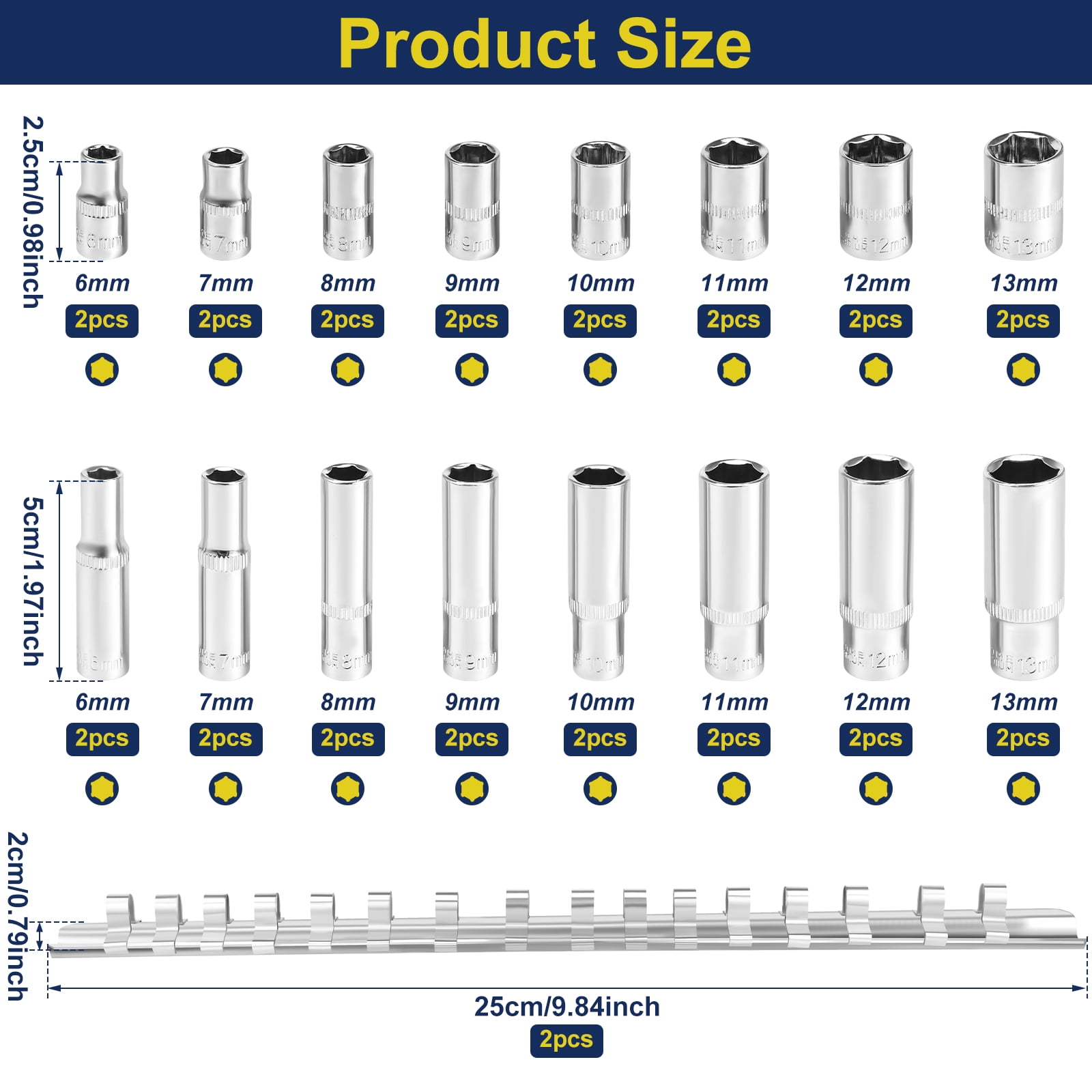 32 Pcs 1/4" Drive Socket Set 6 Point Design Deep and Shallow Socket Set Metric Size 6mm-13mm Mirror Chrome Finish with Storage Holders