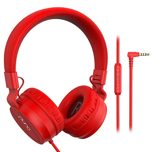 Puro Sound Labs PuroBasic Auriculares con cable con limitación de volumen para niños, diadema plegable y ajustable con micrófono, compatibles con teléfonos inteligentes, tabletas y PC, color rojo