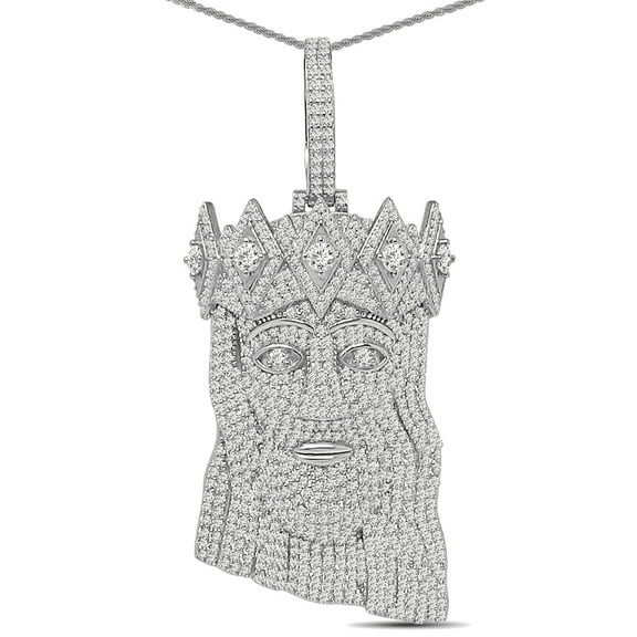 25  Grams Real Sterling Silver 4.00 Round Cut Simulated Diamond 14K White Gold Over Jesus Christ Crown Face Piece Pendant Charm Chain Neckless Set