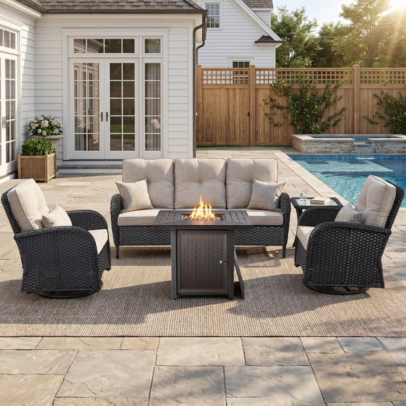 PARKWELL Patio Furniture Set with Propane Fire Pit Table, 5-Piece Outdoor Sectional Conversation Set, Black PE Rattan Patio Sofa with Swivel Chairs for Patio Backyard Porch Deck, Beige