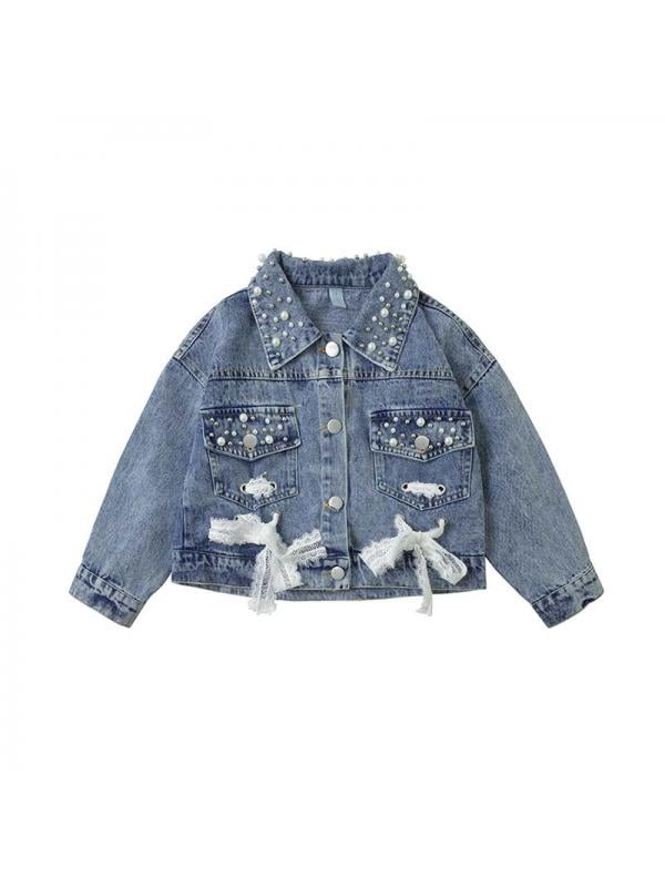 denim jacket with lace and pearls
