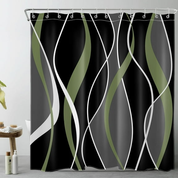 HVEST Modern Geometric Shower Curtain with Abstract Green Black and Gray Line Design - Retro Minimalist Bathroom Decor, Waterproof Polyester Fabric, Includes 12 Hooks, 72x72 Inches