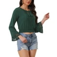 thumbnail image 4 of INSPIRE CHIC Women's Tops Bell Sleeves Boho Lace Eyelet Smocked Waist Peasant Blouse Deep Green XS, 4 of 6