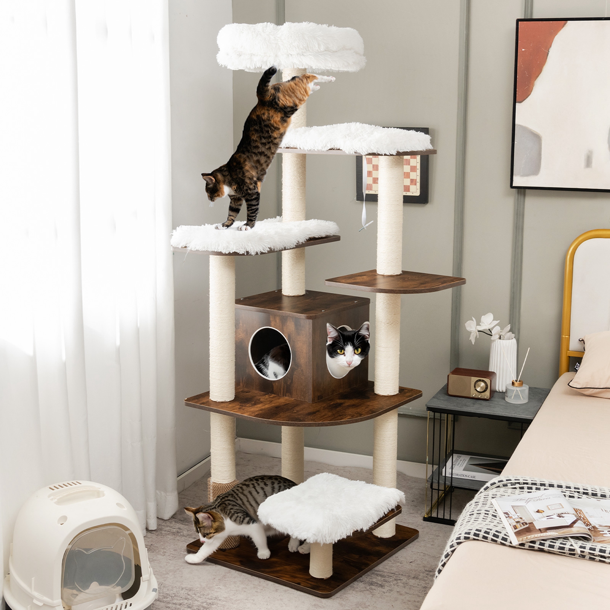 Costway Wooden Cat Tree 71'' 7-Layer Cat Tower with Sisal Scratching Posts Perch & Cushions Brown