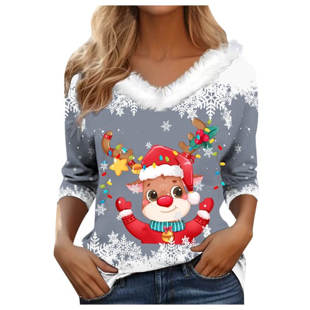 WEAIXIMIUNG T-Shirt à Manches Longues pour Femmes, Automne Hiver, Mode Décontractée, Col en V, Imprimé de Noël