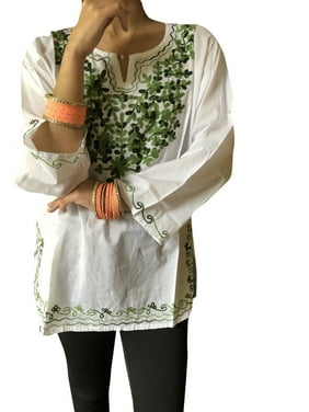 Mogul Women Tunic Top , Summer White Green Embroidered Blouse, Cotton Beach Boho Fashion Comfy Tops L