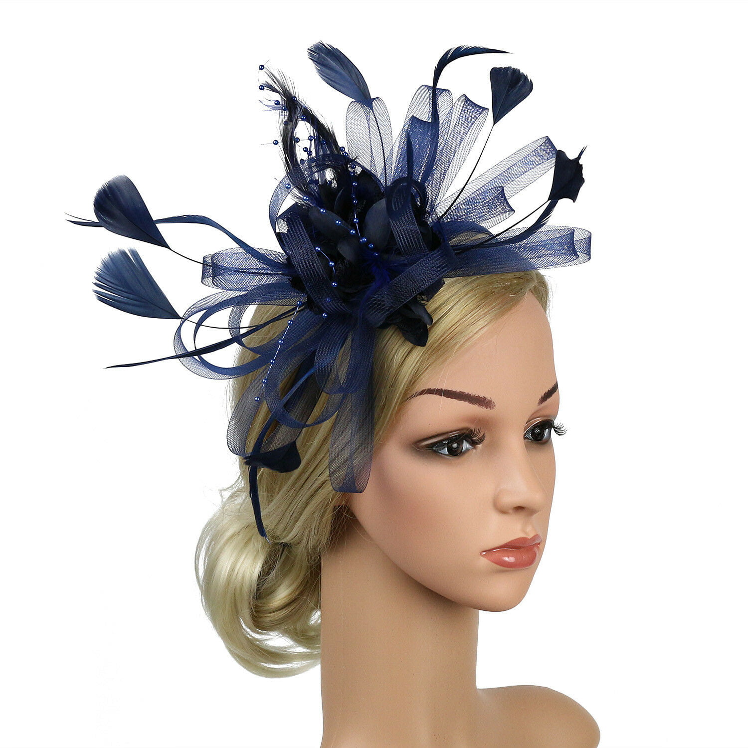 New Womens Flower Feather Large Mesh Veil Fascinator Hat Clip Wedding Proms Race 
