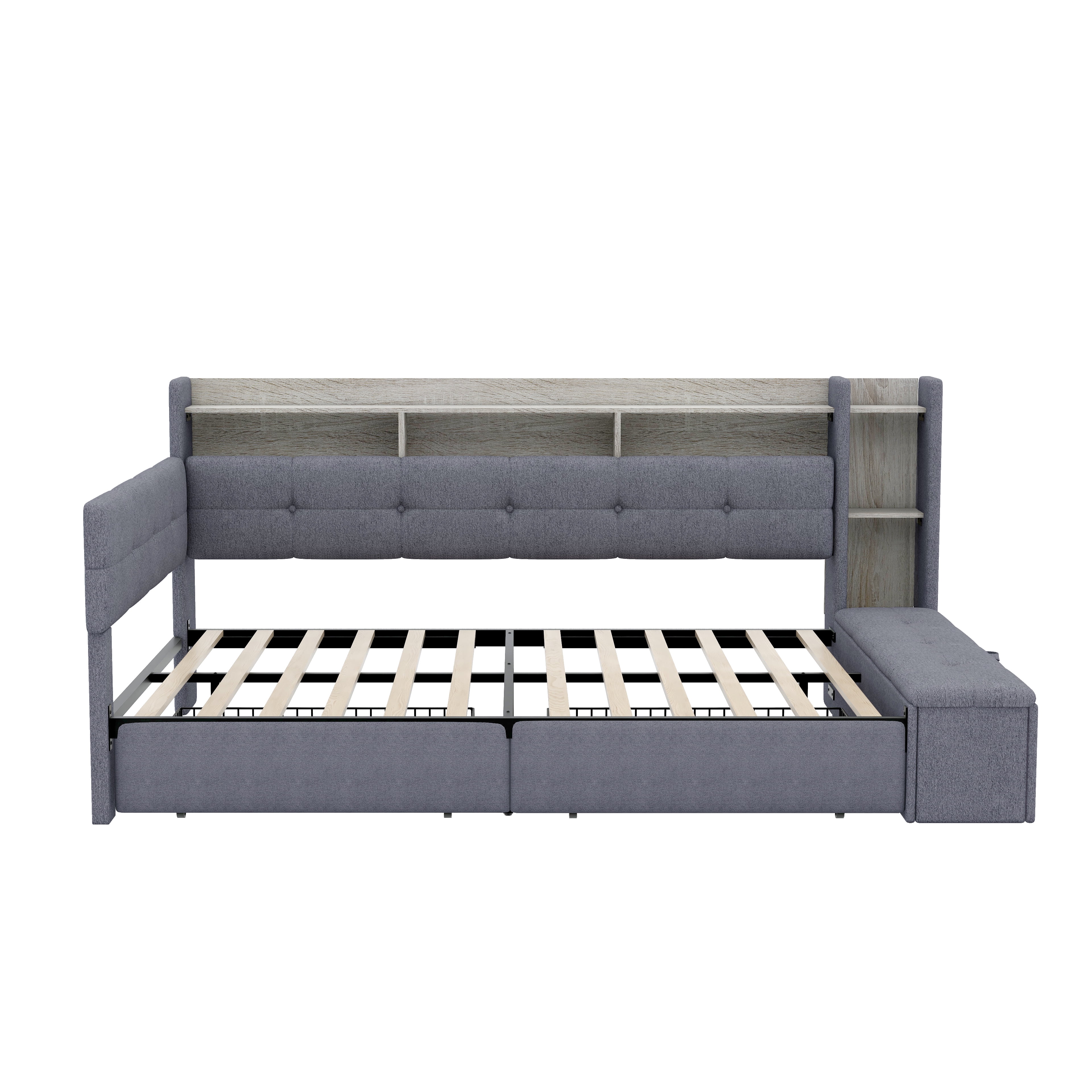Euroco Upholstery Full Size Daybed with Drawers, Storage Sofa Bed with Footstool and Shelves, LED Light and USB Charging, Grey