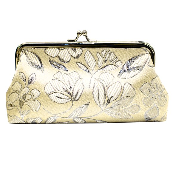 Trayknick Vintage Women Flower Embroidery Kiss Lock Coin Purse Long Wallet Clutch Bag Beige