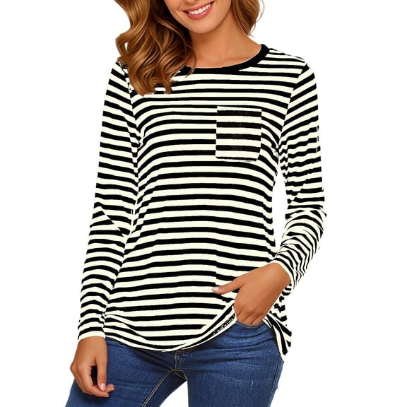 XMYRZ Long Sleeve Shirts for Women with Pockets Crew Neck Basic Loose Tunic Tops Color Block T-Shirt for Fall Fashion Outfits