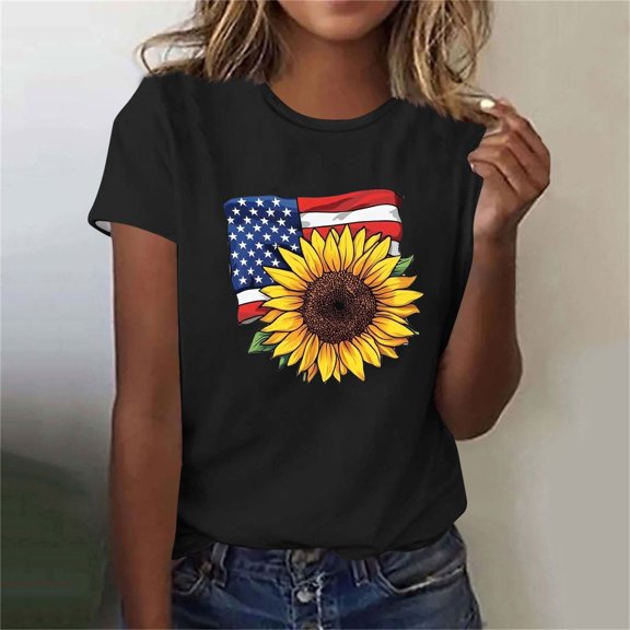 JOANKDMI 4th of July Shirt Women Cute Cotton American Flag Independence Day Short Sleeve Crewneck Tops Trendy Holiday Festival Patriotic T Shirts