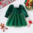 thumbnail image 6 of WUANDIXFA Toddler Baby Girl Christmas Velvet Dress Square Neck Puff Long Sleeve Bow Holiday Party Dress,Dark Green,12-18 Months, 6 of 9