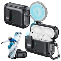 ZHENYEMEI Compatible with AirPods Pro 3 Case with Phone Stand, Automatic Pop-up Case Full-Body Shockproof Protective Cover with Secure Lock Clip, Magnetic Case, Black