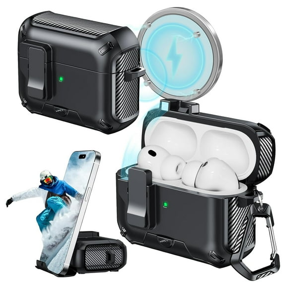 ZHENYEMEI Compatible with AirPods Pro 3 Case with Phone Stand, Automatic Pop-up Case Full-Body Shockproof Protective Cover with Secure Lock Clip, Magnetic Case, Black